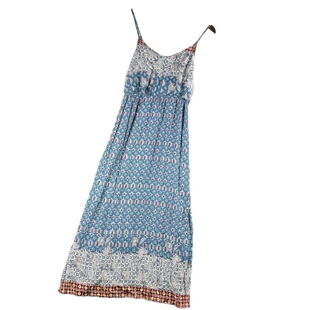 Angie Dress Women L Blue Floral Maxi Boho Cottage Garden Strap Rayon Geometric - Picture 7 of 10